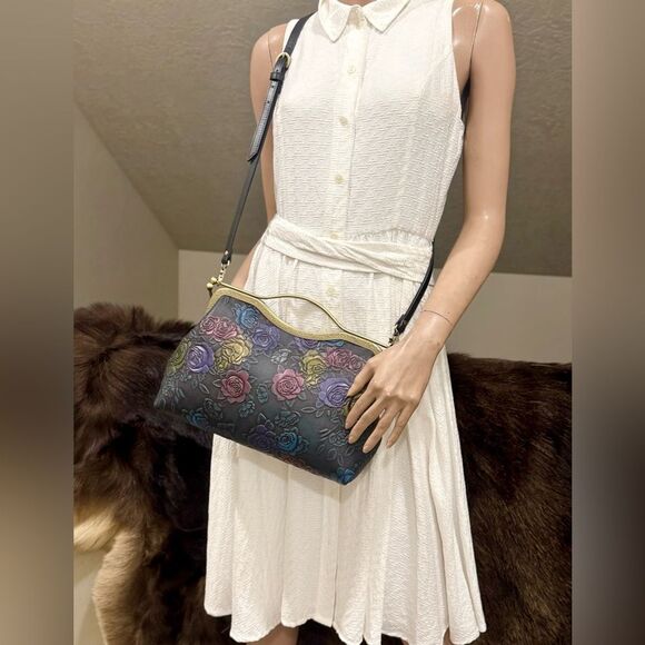 Unique Colorful Rose Embossed Cowhide Handmade  Retro Style Kisslock Handbag - Picture 17 of 17